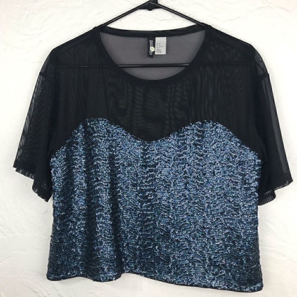 H&M Divided Blue Sequin Black Sheer Mesh Crop Top
